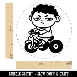 Bored Child Kid Boy On Tricycle Self-Inking Rubber Stamp Ink Stamper for Stamping Crafting Planners - 1/2 Inch Mini - Brown Ink