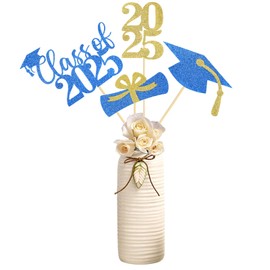 Hengmerry 24 Pieces Graduation Party Centerpieces 2025 Gold and Blue Glitter Graduation Centerpiece Sticks Class of 2025 Table Toppers