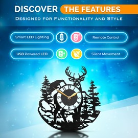 IndieClock Deer Clock for Walls with Led Light, Room Decor for Log Cabin, Farmhouse, Kitchen, Man Cave, Hunting Themed Gift, Stuff with Elk, Moose, Mountain Time, Black Vinyl Record