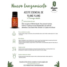 OLEUM VITAE Aceite Esencial de Ylang Ylang. Cananga odorata. 100% Puro y Orgánico. Certificado USDA ORGANIC. Aplicación Interna, Externa y Aromática. 15ml
