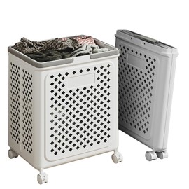 Desricy Collapsible Laundry Basket with Wheels and Handle, 50L Foldable Rolling Laundry Cart, Versatile Plastic Laundry Hamper, Dirty Clothes Hamper for Dorm, Bedroom and Bathroom, White