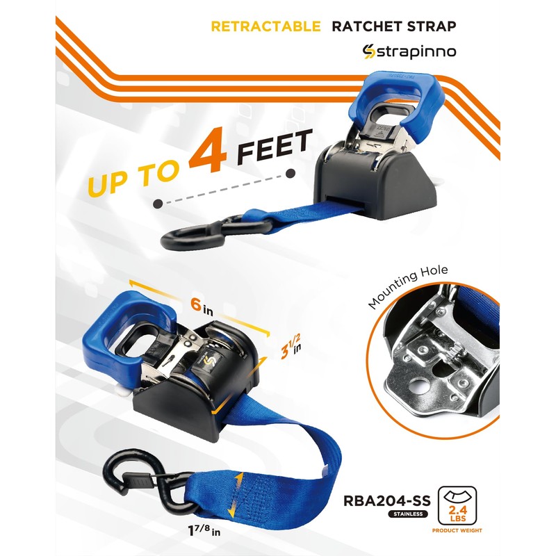 Strapinno 2PCS Stainless Steel Retractable Ratchet Straps (1 7/8 in