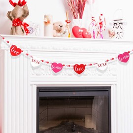 Blosssound Valentines Wood Beaded Garland Pre-Strung 4.2ft Valentine's Day Banner Decor Heart Banner Garland Wooden Valentines Day Conversation Hearts Decorations for Mantel Wall Fireplace(Love)