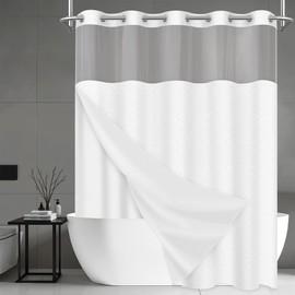 Wyljljy No Hook Shower Curtain Set with Snap in Liner, White Jacquard Tufted Geometric Bath Curtain, Boho Luxury Hotel Bathroom Decor, Waterproof Washable, 71 x 80 Inch
