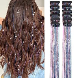 Hair Tinsel Pack of 12 Pcs Clip in Hair Tinsel Colorful Glitter Tinsel Hair Extensions Tinsel Fairy Hair Party Dazzle Hair Accessories Strands Kit for Women(24 Inch,Colorful#)