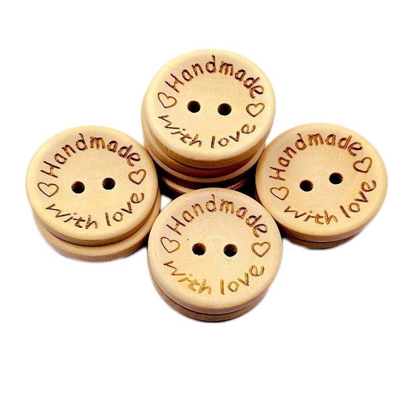 NAMVO 100pcs 2 Holes Handmade with Love Natural Wood Sewing