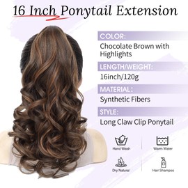 Wirctp Ponytail Extension,16" Claw Clip in Ponytail Extensions Long Curly Ponytail Hairpiece for Women Fluffy Natural Synthetic Pony Tails for Daily Use(Chocolate Brown with Highlights)