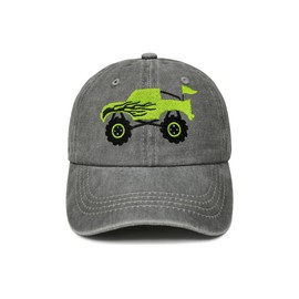 Shenbors Embroidered Monster Truck Hats for Toddler Boys Girl, Children's Washed Gray Adjustable Baseball Cap Dad Hat for Kids Child
