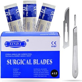 VISION TEK MED Pack of 100 Blades #15, Scalpel Blades for Knife Scalpel, High Carbon Steel Dermablade Blades. Individually Wrapped, Sterile + Free 1 Handle #3
