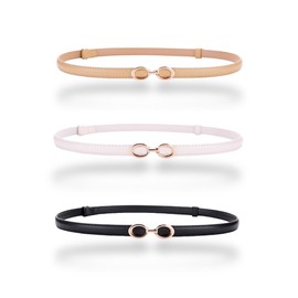 Women's Dress Belt Skinny Slim Soft Genuine Leather Belts Smooth Gold Buckle Adjustable 22"-36" Waistband,, 3-pack, Black, White & Beige, Adjustable