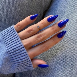 Royal Blue Press on Nails Almond Shaped 48Pcs Neutral Thick Fake Nails for Women, Medium Almond Nails Press on Reusable Acrylic Nails Glue on Medium Length Stiletto False Nails Gel Artificial Nails