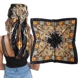 AWAYTR 35” Large Square Satin Head Scarf - Silk Hair Scarf Square Hair Bandanas Large Scarf Sleeping Head Wraps Neck Scarf for Women Hair Wrap (Cashew(Black))