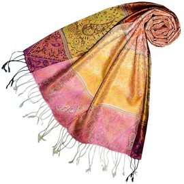 Lorenzo Cana Pashmina Scarf Jacquard Woven Women's Scarf 100% Silk Paisley Pattern Silk Scarf Silk Scarf 78659, Yellow-orange