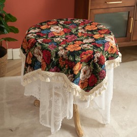 Huierxun Vintage Jacquard Square Tablecloth Spring Floral Pattern Table Cloth with Tassels Washable Table Cover for Kitchen Dining Tables (Black, 55"x55")