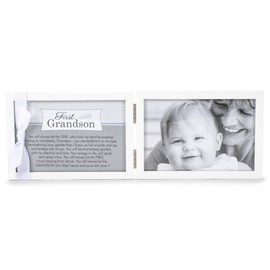 First Grandchild Picture Frame- White Double Hinged Tabletop Photo Frame Holds 4"x6" Pictures or Ultrasounds- Includes Beautiful Sentiment/Poem and Accented White Ribbon (Grandson)
