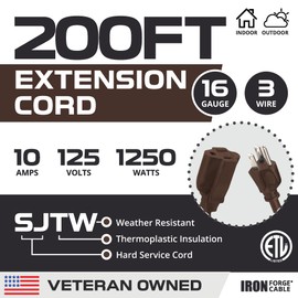 Iron Forge Cable Brown Outdoor Extension Cord 200 ft, 16/3 SJTW 200 Foot Dark Brown Exterior Extension Cord 3 Prong, Weatherproof Heavy Duty Brown Power Cable for Outside, Deck, Landscaping & Lawn