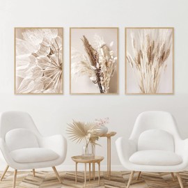 Sarah Duke Beige Wall Pictures, Set of 3, Modern Wall Pictures, Boho Pampas Grass Picture, Living Room Poster, Nature, Vintage Canvas Pictures, Wall Poster Without Frame (Style A, 30 x 40 cm)