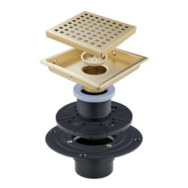 GORDEE 6 inch Square Shower Floor Drain Strainer with Flange, Grid Pattern Grate Removable, Hair Catcher, Premium SUS304 Stainless Steel, Drain Base Included, Brushed Gold