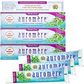 Auromere Pasta dental ayurvédica a base de hierbas, sin menta, vegano, natural, sin OMG, sin fluoruro, sin gluten, con neem y peelu (4.16 onzas), paquete de 3