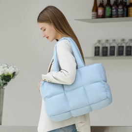 Herald Puffer Tote Bag for Women, Large Quilted Puffy Cloud Handbag Winter Down Padding Lattice Satchel Purse (Blue)