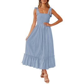 ZESICA Women's 2025 Summer Boho Spaghetti Strap Square Neck Solid Color Ruffle A Line Beach Long Maxi Dress,Blue,X-Large