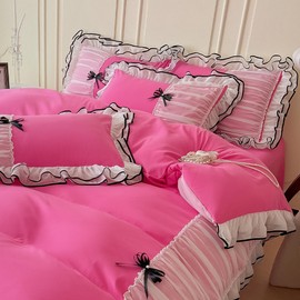 IHOUSTRIY Duvet Cover Full Size, Ruffle Beddding Set with Bowtie, 3 Pieces Comforter Cover Set with Zipper Closure, Girl Bedding with Pillowcase - Pink, Full