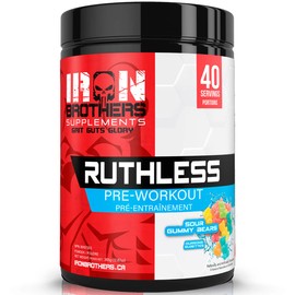 Iron Brothers Ruthless Preworkout Powder Supplement for Men & Women - Creatine Free - Sustainable Performance Energy & Workout Focus, Superhuman Pre Workout - 40 Serve - Nitric Oxide Booster (Sour Gummy Bears)