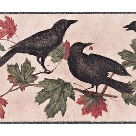 CONCORD WALLCOVERINGS ™ Wallpaper Border Birds Pattern Crows Leaves Branches for Farmhouse Cottage, Beige Brown Green Red, 9 Inches by 15 Feet WL5688B