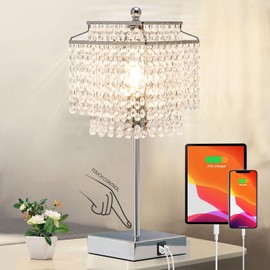 Luvkczc Luvkczc Crystal Table Lamp with Touch Control and USB for Bedside, 3-Way Dimmable with Crystal Shade for Bedroom, Living Room, 6W LED Bulb Included