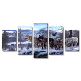 ArtHome520 Blue Winter Landscape Canvas Print Painting Animal Wolf Picture Home Decor Wall Art Living Dining Room Artwork Modern Framed 5 Panel (12''x18''x2+12''x24''x2+12''x36''x1)