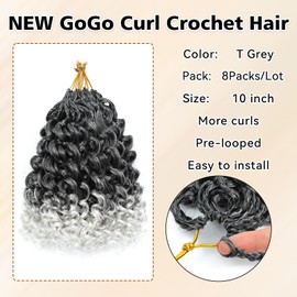 Pre looped Gogo Curl Crochet Hair 10 Inch 8 Packs Water Wave Ocean Wave Curly Crochet Hair for Black Women Deep Twist Synthetic Braiding Hair Extensions (TGrey, 10inch)