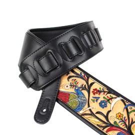 Walker And Williams KB-55-TN Handmade Heritage Series Guitar Strap With Traditional Peacock And Sparrow Design On Premium Tan Carved Leather For Acoustic, Electric, And Bass Guitars