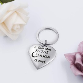 I Love You to the Moon and Back Silver Heart Keychains For Women Memorial Locket That Holds Pictures Photo Keychain For Loved Ones