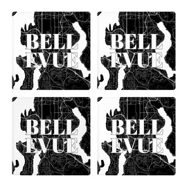 Minimalistic B&W Washington Bellevue Map, Joyride Home Decor, 4 Ceramic Coasters, 4-inch Square Drink Coasters, Set of 4, Non-Slip Cork Back, Protects Surfaces, Express Your Style.