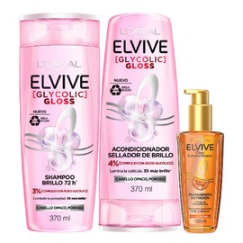 Kit LOréal Paris Elvive Óleo Extraordinario 100 ml  Elvive Acondicionador Glycolic Gloss, con Ácido Glicólico, 370 ml  Shampoo Glycolic Gloss, con... 