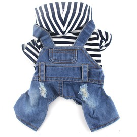 DOGGYZSTYLE Pet Dog Cat Hoodies Clothes Black Striped Denim Outfits Blue Jeans Jumpsuits One-Piece Jacket Costumes Apparel Hooded Coats for Small Puppy Medium Dogs(Blue,XXL)
