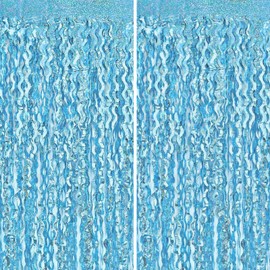 2 Pack Blue Tinsel Foil Fringe Curtain, 3.3 ft x 6.6 ft Foil Fringe Backdrop Wall Curtains for Birthday Baby Shower Mermaid Under The Sea Ocean Wedding Christmas Decorations