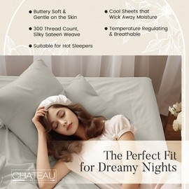 CHATEAU HOME COLLECTION 100% Organic Cotton Sheets - 300 Thread Count Soft Sateen Weave, Cooling Breathable Bed Sheets, Deep Pocket Cotton Sheet Set
