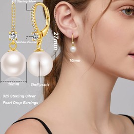 Miaofu Pearl Earrings, 18K White Gold Plated 925 Sterling Silver Pearl Earrings, Hypoallergenic, Elegant Jewellery for Women, Various Colours and Sizes, Sterling Silver, Pearl