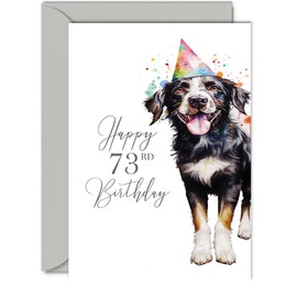 73rd Birthday Cards for Women Men - Party Dog - Happy Birthday Card for 73 Year Old Woman Man Grandma Grandpa Mom Dad Auntie Uncle Cousin, A5 Bday Greeting Cards