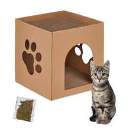 Relaxdays Cardboard Cat House with Scratching Board to Assemble Includes Catnip HBT: 30 x 30 x 30.5 cm, Brown, 100%, Light Brown, 30 x 30 x 30.5 cm