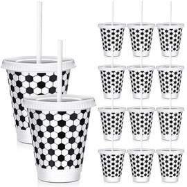 Ziliny 12 Pcs Soccer Party Cups with Straws and Lids Bulk 16 oz Plastic Water Cups for Birthday Party Supplies Reusable Sports Party Decoration for Game Day, Sports Event Party(Soccer)