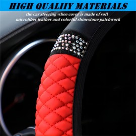 YSFKJ Funda universal de cuero de diamante, protector de volante antideslizante elástico de 15 pulgadas, con diamante de cristal brillante para mujeres y niñas, color rojo