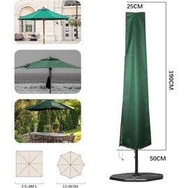 Protective Cover for Parasol, 190 x 25/50 cm, 600D Oxford Fabric, PVC Coating with Zip, Suitable for 1.8 m to 3.4 m Large Parasols, Green