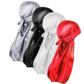 YMTWSRY Pack of 4 Durag Silk Bonnet for Men and Women, Silk Cap, Long Tail, Ultra Soft and Wrinkle-Free Wide Strap, Turban, Satin Headscarf for Waves, Braids and Curls, Black, silver, red, white