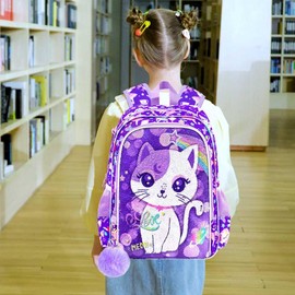 UFNDC 3PCS Backpack for Girls, 16" Kids Cat Sequins Bookbag with Lunch Box, Water Resistant Purple School Bag for Elementary Preschool Toddler