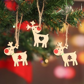 Kohmui Wooden Christmas Decoration Pendant, Christmas Decoration Deer Figurine with Red Nose, Reindeer Tree Decoration for Hanging, 24 Christmas Pendants with 18 Merry Christmas Stickers, Reusable Packaging