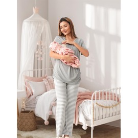 Rnxrbb V Neck Nursing Pajamas Set Postpartum Pjs Breastfeeding sleepwear for Women with Pockets 2 Pack,Light Gray&Stripe-S