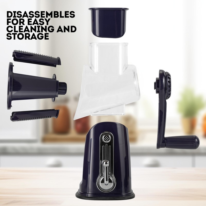 5-in-1 Rotary Cheese Grater with Handle – Stainless Steel Blades,