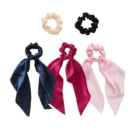 Pack of 5 Bow Hair Ties Satin Scrunchies for Women Thick Hair Silk Ponytail Scarf Holders Hair Accessories for Teens Fancy Navy,Rose,Pink